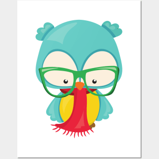 Winter Owl, Hipster Owl, Owl With Glasses, Scarf Posters and Art